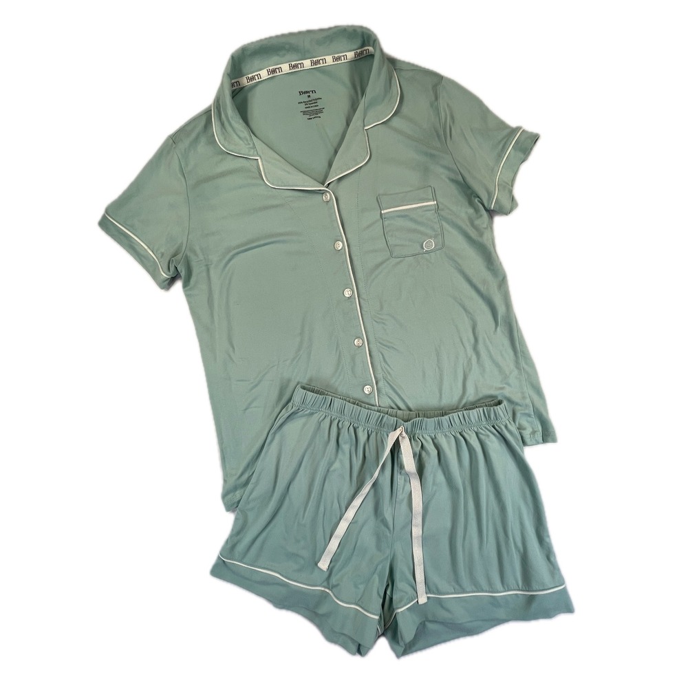 Born Pajama Set Short Sleeve Button Up Top and Shorts Medium Sage Green Sleep